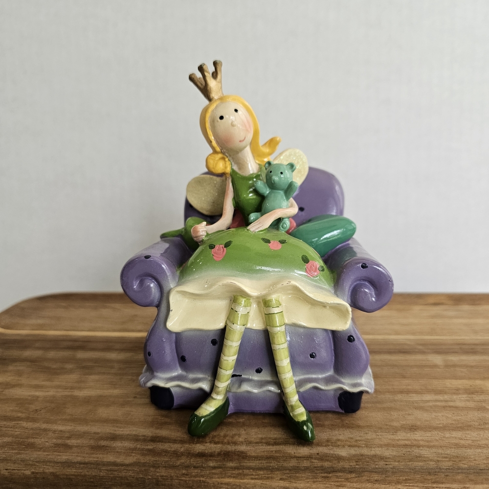 Fairy Princess Coin Bank Figurine Resin Blonde Purple Chair Sparkle Wings